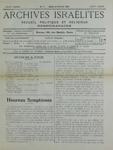 Archives israélites de France. Vol.75 N°07 (12 févr. 1914)